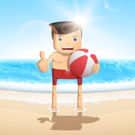 Cartoon man on the beach on background sea wave  Vector character のイラスト素材