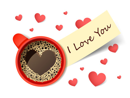 Isolated realistic vector red cup of hot coffee with red paper hearts のイラスト素材