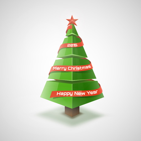Vector 3d Christmas tree background with red star and place for text.のイラスト素材