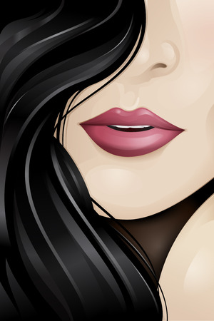 Female sexy glossy red lips on the face. Vector illustration.のイラスト素材