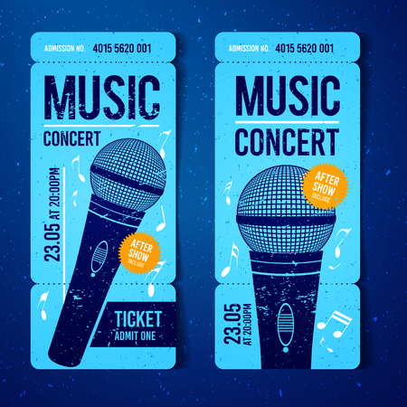 Illustration of blue music concert ticket design template with microphone and grunge grunge effects in the background.のイラスト素材