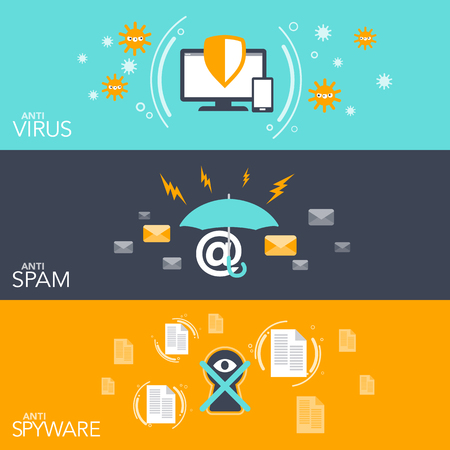 hacker three flat banner set with hacking anti virus email spam and spyware protection in cool colorsのイラスト素材