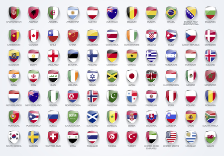 Vector illustration of flags in the shape of a shield with namesのイラスト素材