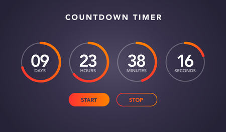 vector illustration countdown timer website element with buttons. Flat digital clock timer application template for soon or under constructionのイラスト素材