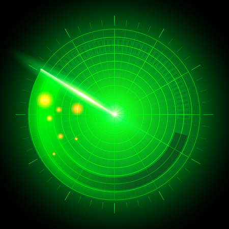 Vector illustration of digital realistic abstract military search radar system with targets in action on monitor. Navigation interface, Navy sonar.のイラスト素材