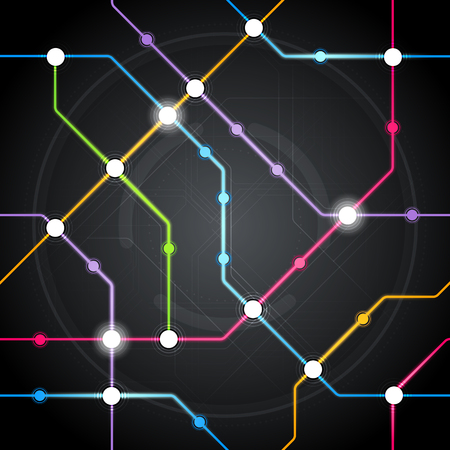 Vector abstract seamles colorful future cyber metro scheme, railway transport or city bus map pattern on black backgroundのイラスト素材