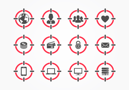 Vector Target On Person Assassin Icon Set. Targeting Composite Icons With Audience, World, Men, Group Of People, Heart, Money, Credit Card, Security, Mail, Mobile Phone, Computer, Serverのイラスト素材
