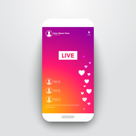 Vector Illustration Live Video Streaming Stories On Colorful Gradient Background. Smartphone Stream User Interface Template.のイラスト素材