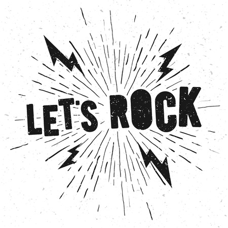 Vector Illustration Lets Rock Music Print Graphic Design. Hipster Vintage Stamp Label. T-Shirt Lettering Artwork With Grunge Effectのイラスト素材