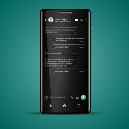 Modern mobile phone illustration with future cyber chat screen, messaging template. Social network, chatting and messaging conceptのイラスト素材