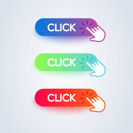 Click here button with hand icon on white background. Flat line gradient button collection. Vector web elementのイラスト素材