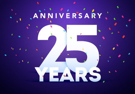 25 Anniversary bold numbers with colorful confetti. Celebration 25th anniversary event party template.のイラスト素材