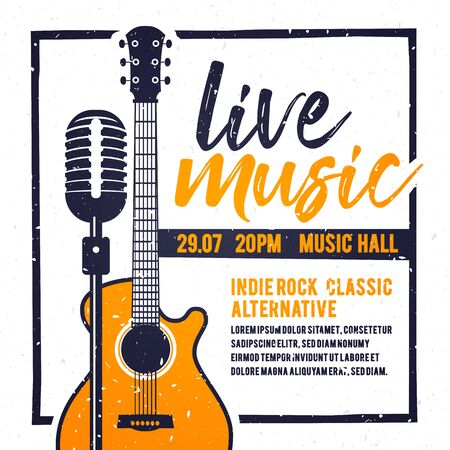 Vector illustration banner or poster for live music festival with orange guitar in retro styleのイラスト素材