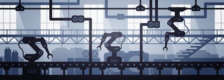 Vector illustration of seamless factory line manufacturing industrial interior background. Silhouette of industry 4.0 zone template.のイラスト素材