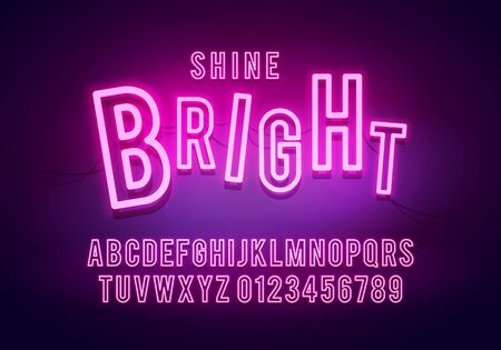 Vector Illustration Retro Neon Font, Colorful Light Alphabet With Numbers. Shine Future Typography.のイラスト素材