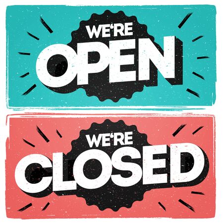 Vector lettering we're open closed for a door sign. Vector typography in vintage grunge style. 3d letters with bevel.のイラスト素材