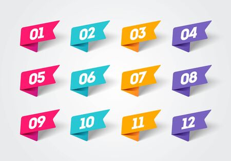Vector illustration set of modern flag style bullet points. Retro color numbers 1 to 12.のイラスト素材