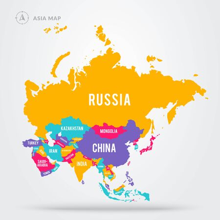 Vector illustration colorful map focus on asian countries. Asia states with name labels.のイラスト素材