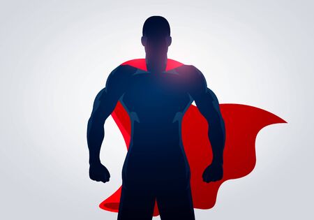 Vector illustration superhero in strong pose with cape. Silhouette Of A Super Hero Manのイラスト素材