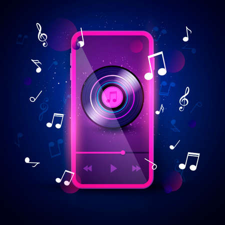 Vector Illustration Music App Interface In Neon Color Retro Design.のイラスト素材