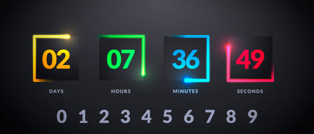 Vector Illustration Modern Futuristic Counter. Countdown With Colorful Lights On Dark Backgroundのイラスト素材