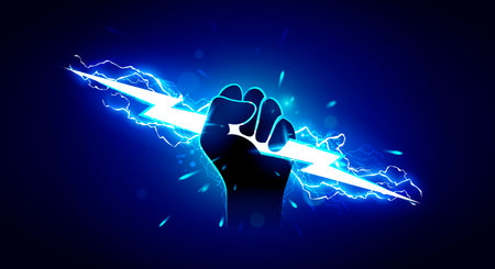 Vector Illustration Hand Holding Powerful Electric Lightning.のイラスト素材