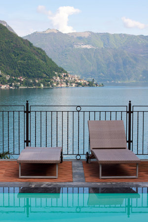 swimming pool overlooking Lake Comoの写真素材