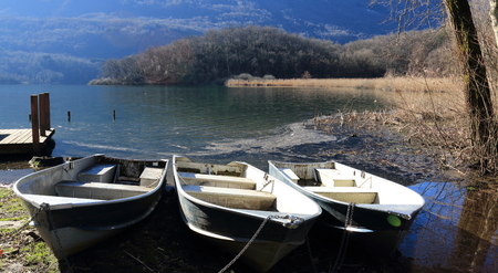 Boats in Piano Lake, valley Menaggioの写真素材