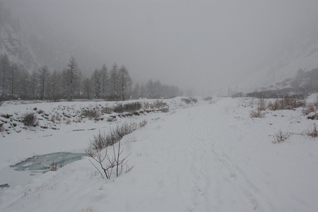 snowy landscape in Pont, in Valsavarenche, in the Gran Paradiso National Park Valle d'Aostaの写真素材