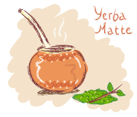 Calabash and yerba mate with a straw on a beige background. Hand-drawn illustration. Fully editable vector. Ideal to use as a decoration kitchen interior.のイラスト素材