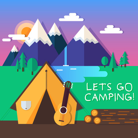 Tent in the tourist camp, mountains, waterfalls and the setting sun. Beautiful landscape with sunset. Multicoloured fully editable vector illustration of a flat style.のイラスト素材