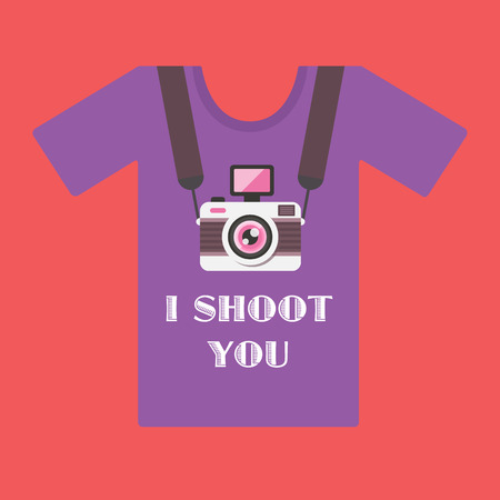 Colorful, bright, attractive T-shirt with the image of a retro camera hanging around a neck. Illustration in a flat style. Fully editable vector illustration. Ideal to use as a t-shirt.のイラスト素材