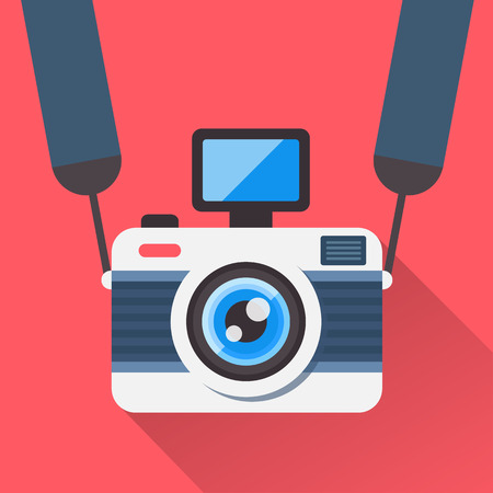 Retro camera on a strap in a flat style. Camera image on a red background shading with a shadow. Fully editable vector illustration.のイラスト素材