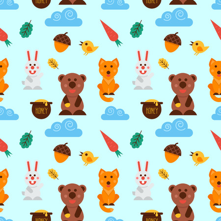 Funny forest animals: bear, fox, rabbit and bird. Pot of honey, carrot and falling leaves. Seamless vector pattern. Flat style image. Ideal for children's textile, backdrops for site, etc.のイラスト素材