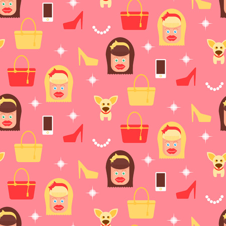 Glamorous seamless pattern with a blonde and brune girls with silicone lips under spotlit. Fancy shoes, bags, dogs, phone and necklace. Illustration in a flat style. Fully editable vector.のイラスト素材