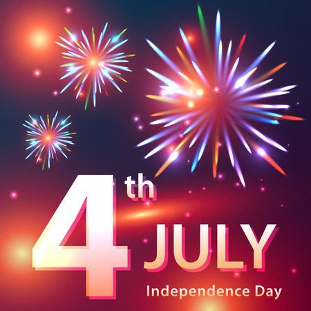 Independence Day card image with fireworks and patriotic text. Perfect use for post cards, greetings. Fully editable vector illustration.のイラスト素材