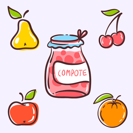 The compote fruits components consist of red apple, yellow pear, purple cherry and pomarange orange. Fully editable vector illustration. Ideal for textile and ceramic industry, post cards.のイラスト素材
