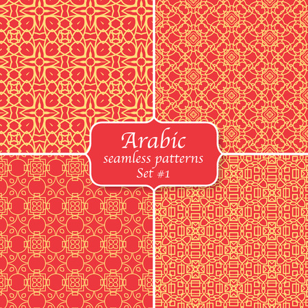 Arabic seamless patterns with golden lines on a red background. Set of fully editable four illustrations. Perfect use for textile, ceramic, wallpapers.のイラスト素材