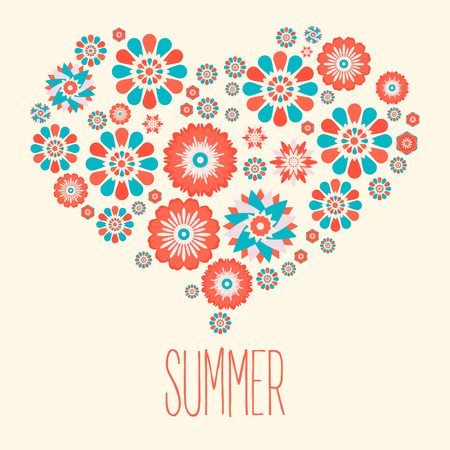 Floral heart image decorated with the different colored summer flowers on a pastel background. Perfect for t-shirt print, greetng cards, summer posters and tables. Fully editable vector illustration.のイラスト素材
