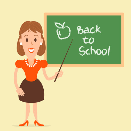 Flat illustration of a teacher near the board welcomed the students. Fully editable vector illustration. Perfect use for web design, informational plates, cards, posters, etc.のイラスト素材