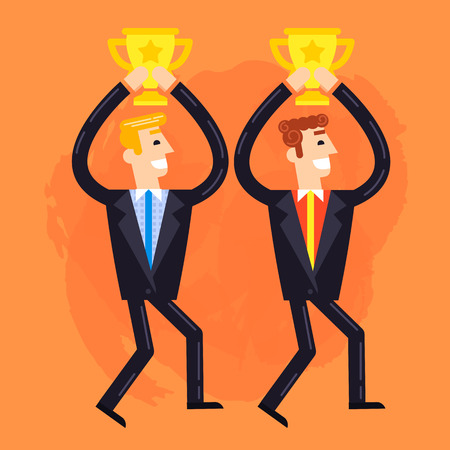 Flat illustration of businessmen who win the cups. Fully editable vector illustration on a painted effect background. Perfect use in a web design, plates, illustration.のイラスト素材