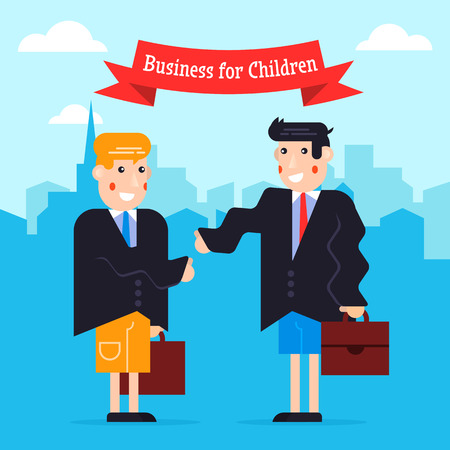 Flat styled illustration of business kids on a city background. Fully editable vector illustration. Perfect use for web design, info plates, posters, etc.のイラスト素材