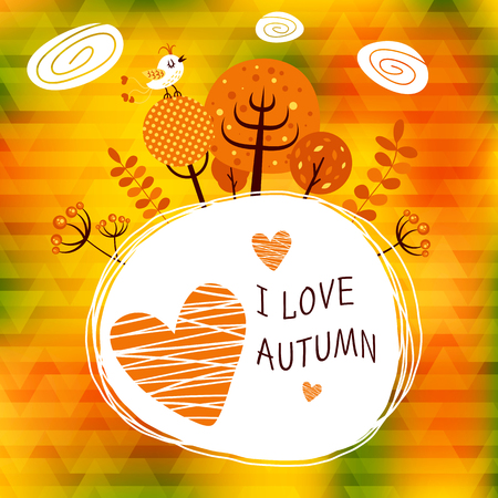 Golden autumn poster card with the different tree leaves. Fully editable vector illustration. Perfect for informational plates and frames, greeting cards.のイラスト素材