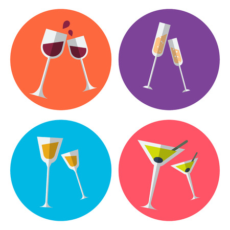 Set of four alcohol flat icons presented in the special glassses for wine, champagne, liquor and martini. Fully editable vector illustration. Perfect for parties invitations, bar stickers and over.のイラスト素材