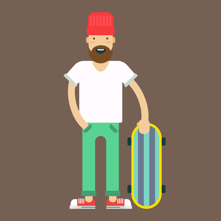 Trendy stiled hypster with the skate board on a grey background. Vector illustration and icon.のイラスト素材
