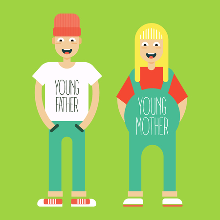 Young married couple in expectation of the child burn. Trendy styled hypster guys. Vector illustration and cartoon.のイラスト素材