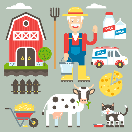Domestic farm vector kit illustration with the farm owner and his property. Vector illustration and icons.のイラスト素材