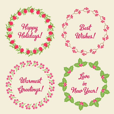 Set of four christmas decorated wreaths with a diffrerent types of leaves and berries. Fully editable vector illustration. Perfect for christmas decorations and greetings.のイラスト素材