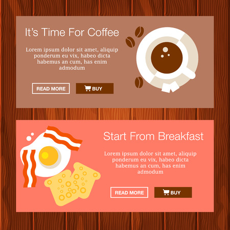 Two banners for breakfast advertisement with tasty cup of coffee and delecious eggs and home made bread and bacon. Vector illustration and banners.のイラスト素材