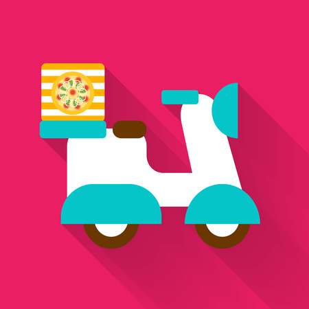 Free delivery service illustration. Simple scooter presented on a colorful red background with long trendy shadow in a back. Very easy to edit illustration.のイラスト素材